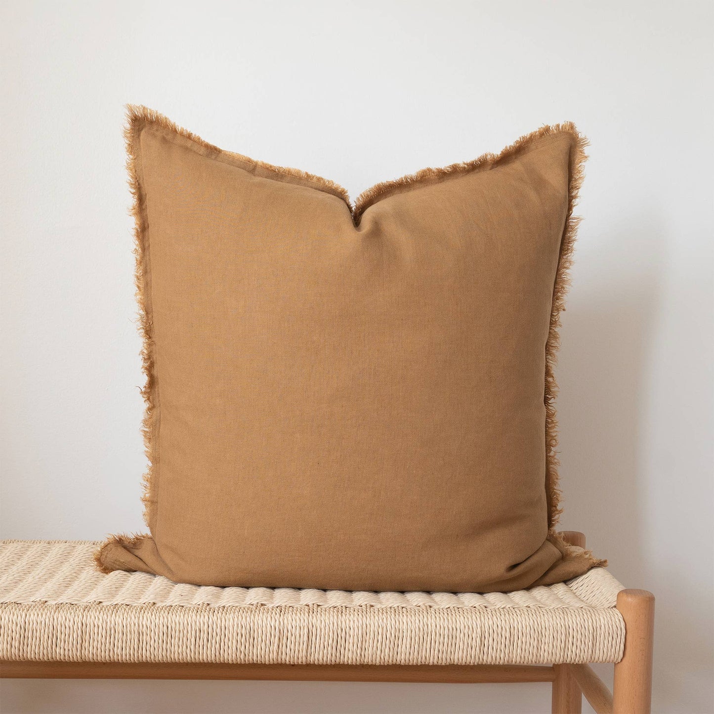 Camel Square Fringed Linen Pillow 24" x 24"