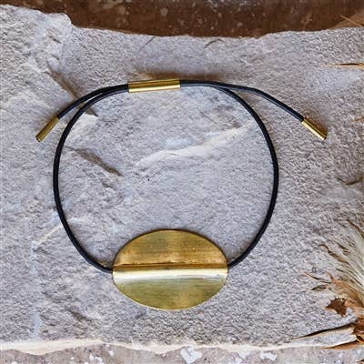 Aga Bracelet with Oval Brass, Black Leather