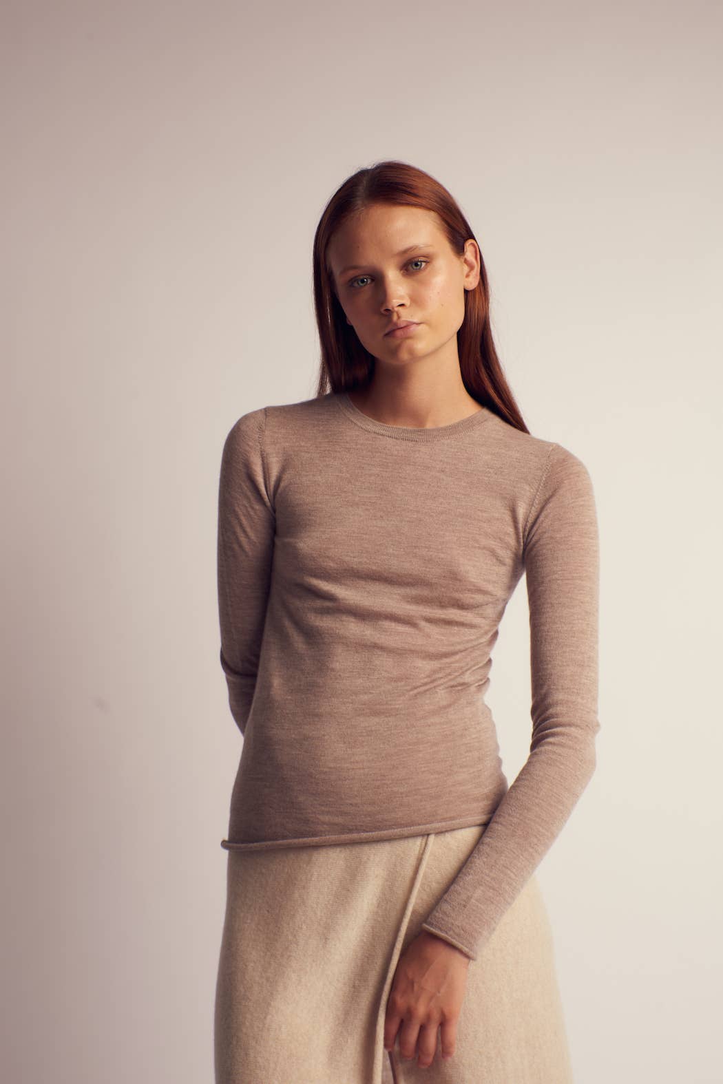 Rita Cashmere knitted crew neck pullover: Large / Brown Leap Concept -