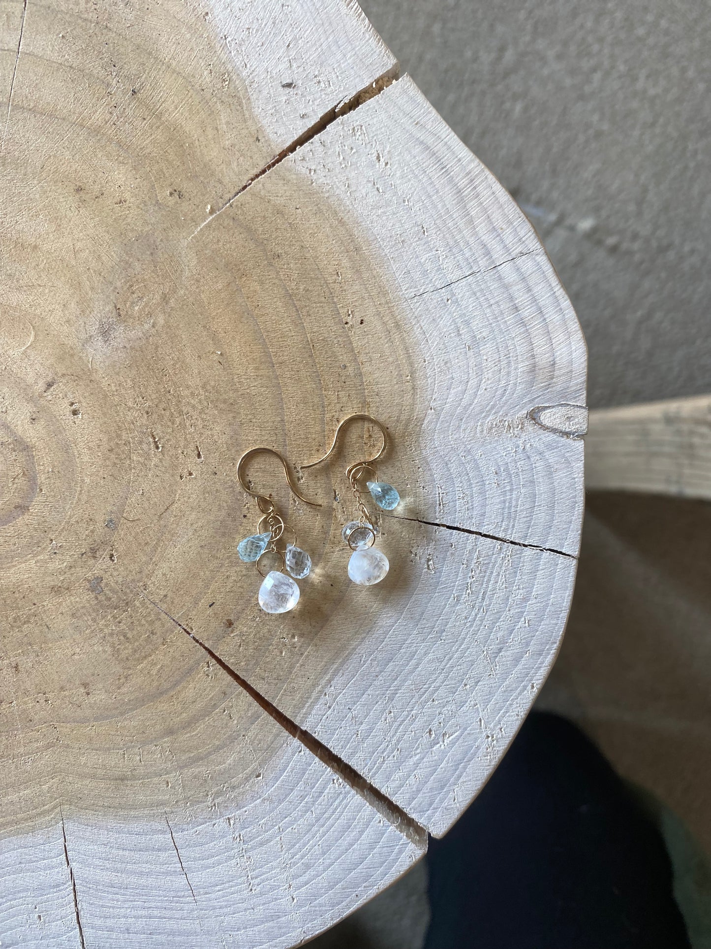 triple drop chain earring with aquamarine, white topaz, rainbow moonstone