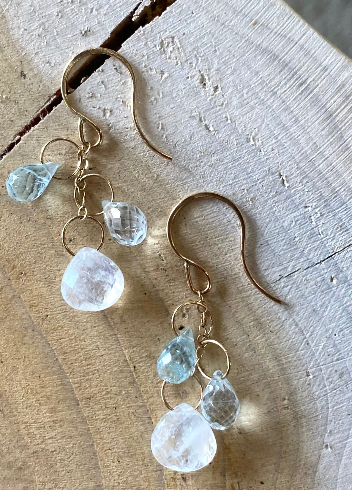 triple drop chain earring with aquamarine, white topaz, rainbow moonstone