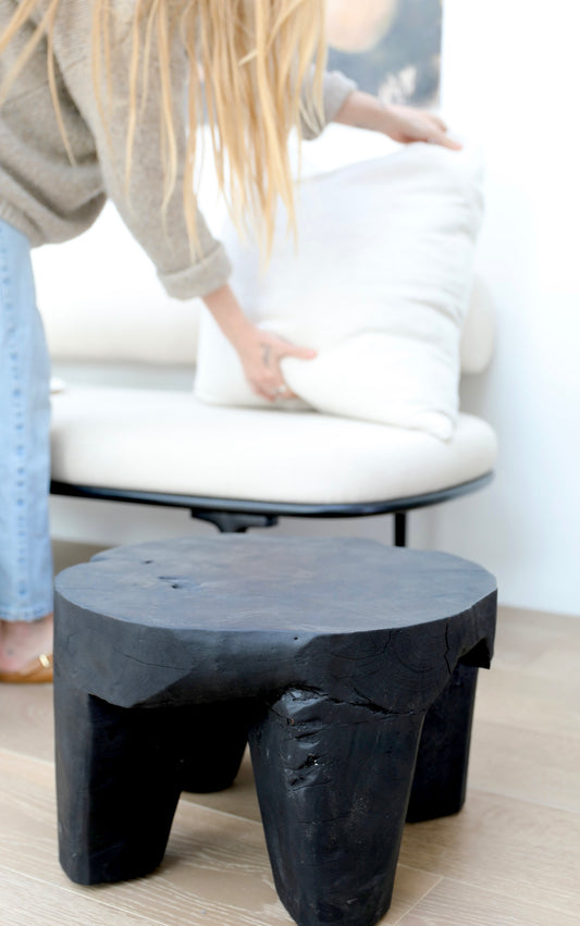 black washed teak root round stool