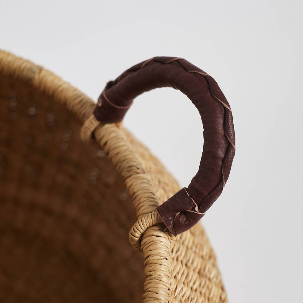 Bolga Pot Basket with leather handles, Small