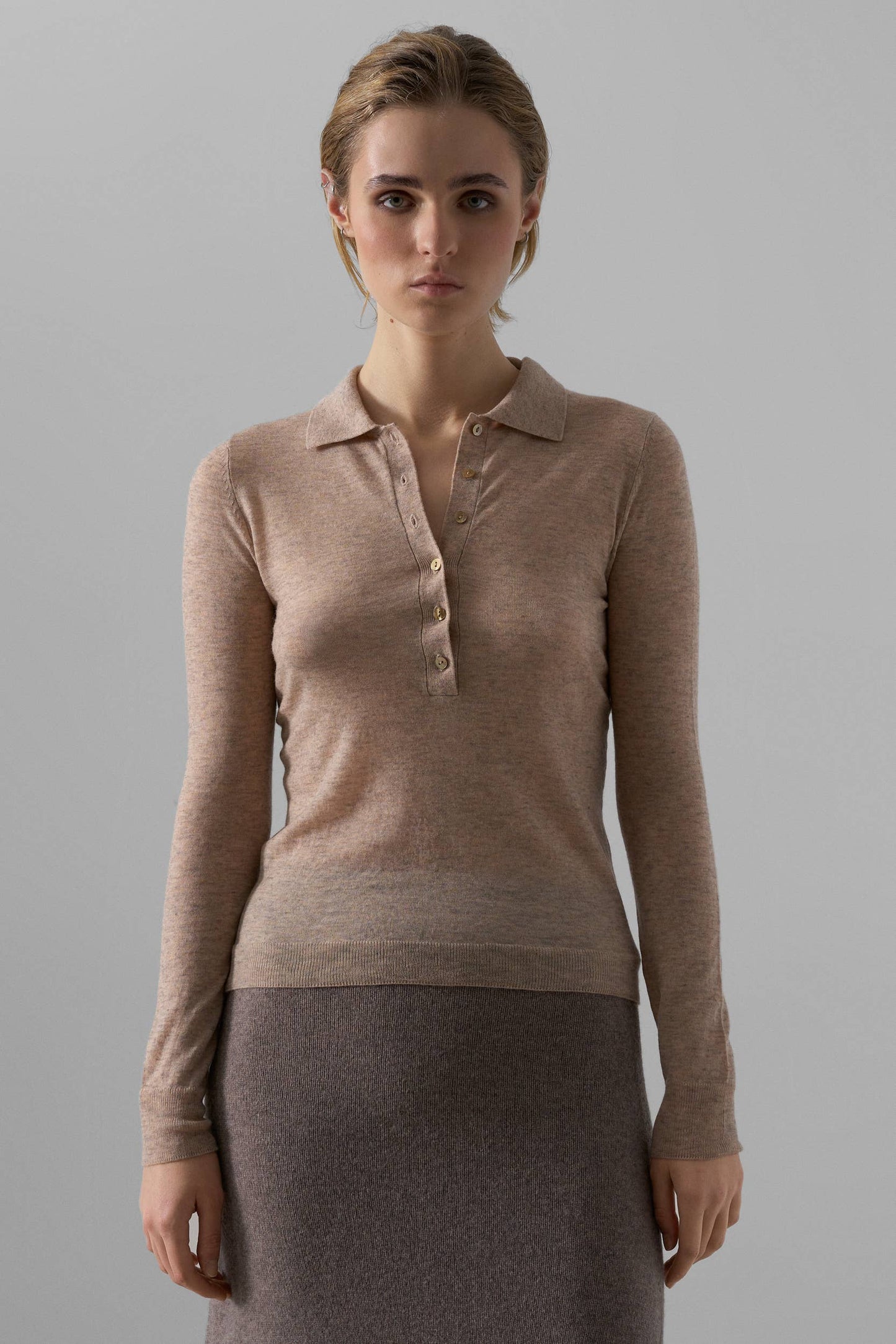 Leap Concept - MARGOT fine-knit polo sweater: Beige / M