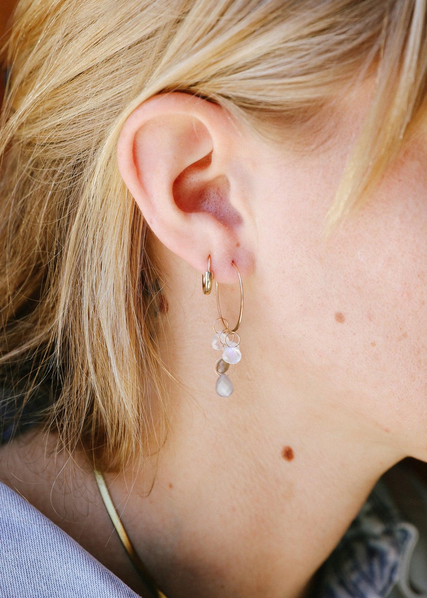 Hoop Earring with Tiered Labradorite, Moonstone, Opal